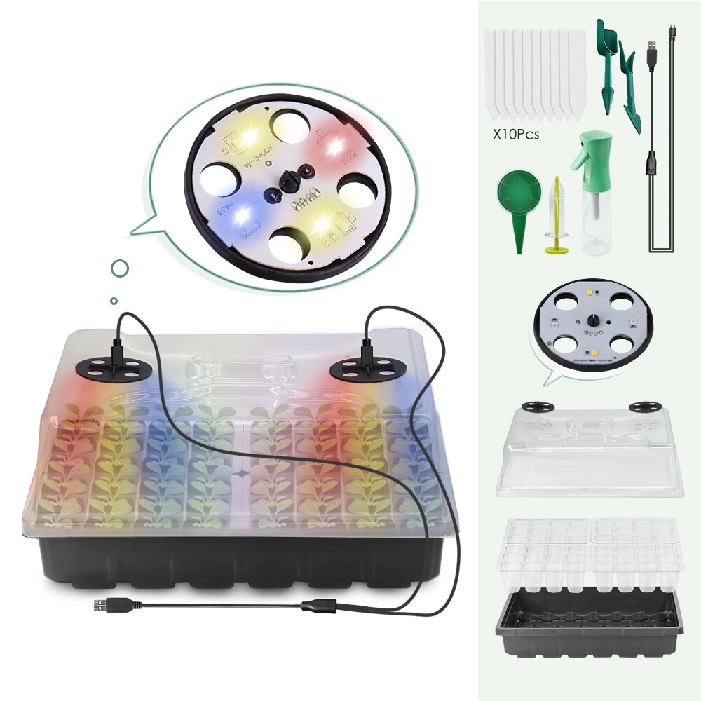 48-Cell Seedling Starter Tray with LED Grow Lights, Red-Blue-Warm 3-Light, Box 16cm Height