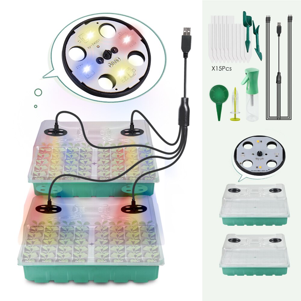48-Cell Seedling Starter Tray with LED Grow Lights, Red-Blue-Warm 3-Light, Box 16cm Height