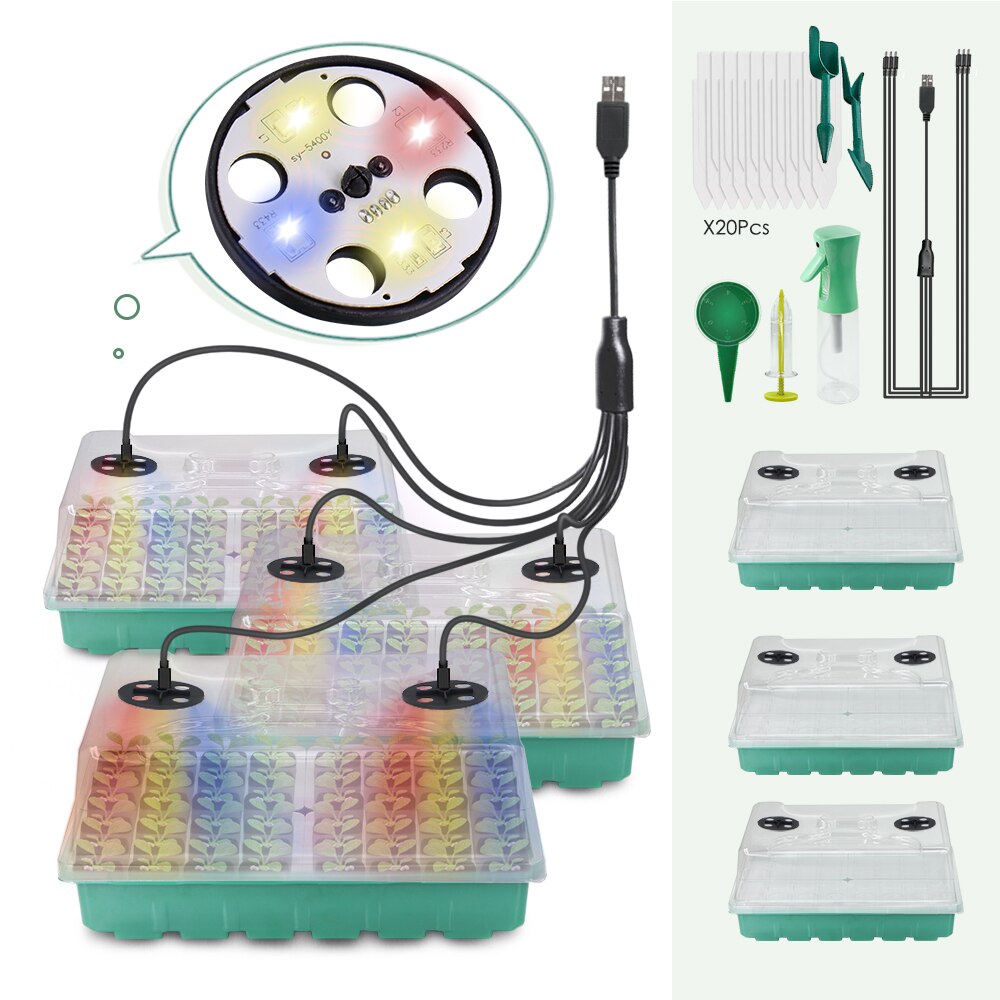 48-Cell Seedling Starter Tray with LED Grow Lights, Red-Blue-Warm 3-Light, Box 16cm Height