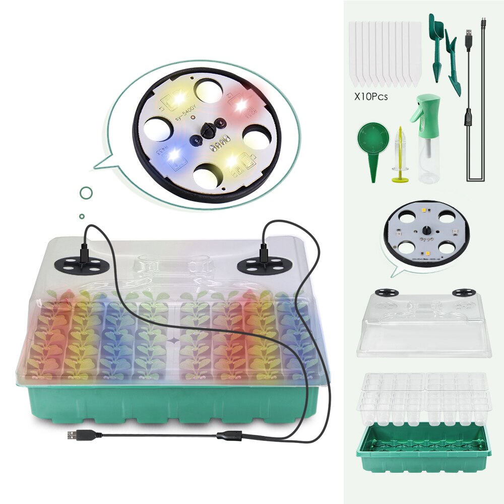 48-Cell Seedling Starter Tray with LED Grow Lights, Red-Blue-Warm 3-Light, Box 16cm Height