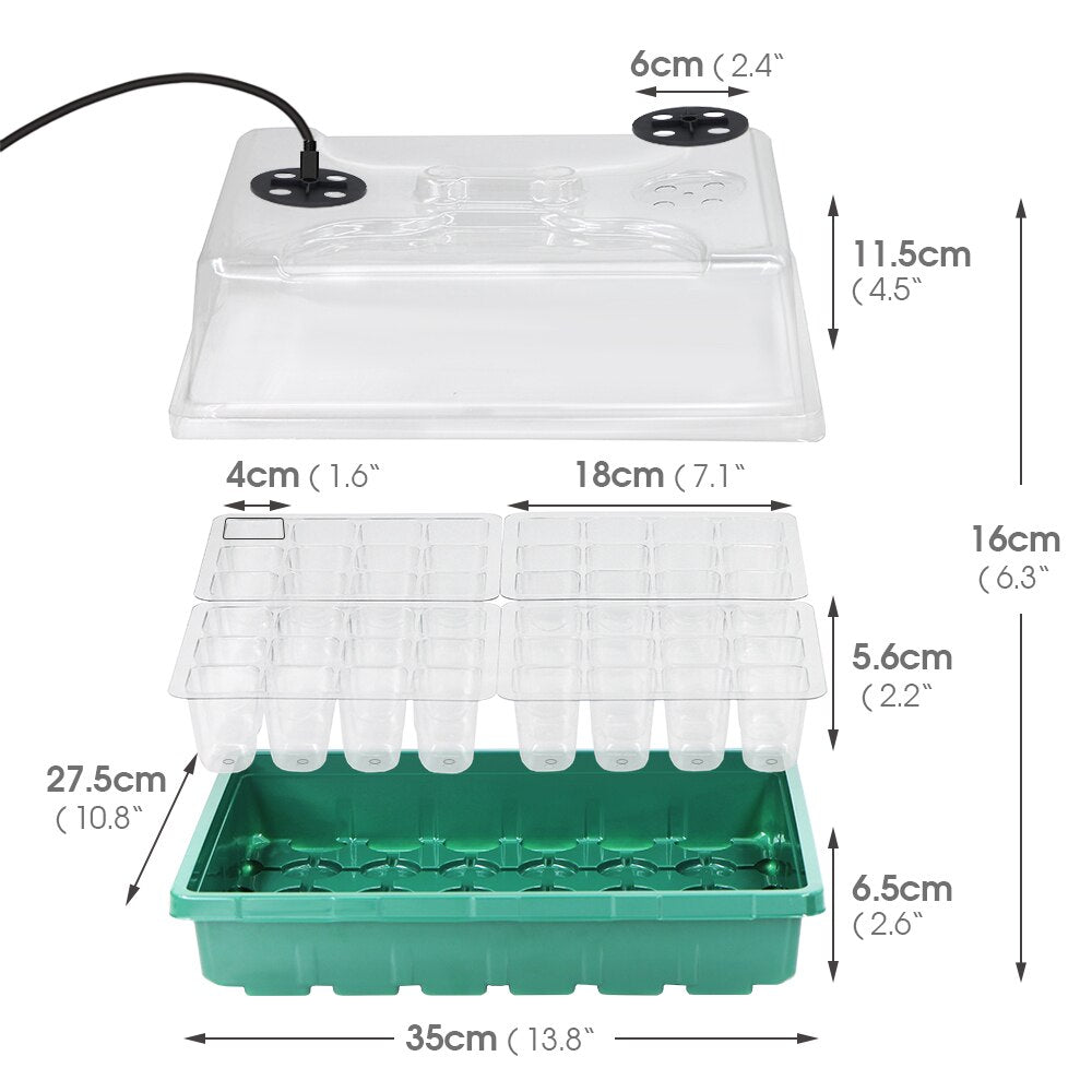 48-Cell Seedling Starter Tray with LED Grow Lights, Red-Blue-Warm 3-Light, Box 16cm Height