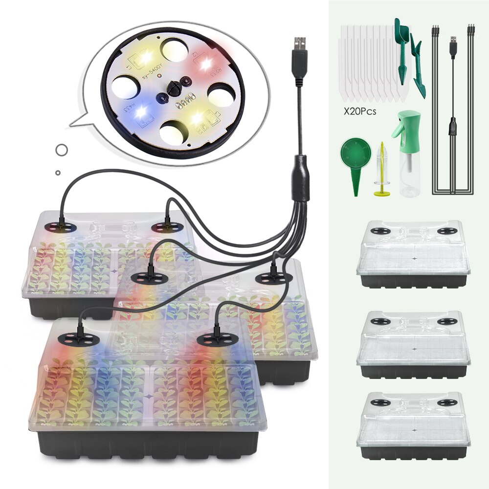48-Cell Seedling Starter Tray with LED Grow Lights, Red-Blue-Warm 3-Light, Box 16cm Height