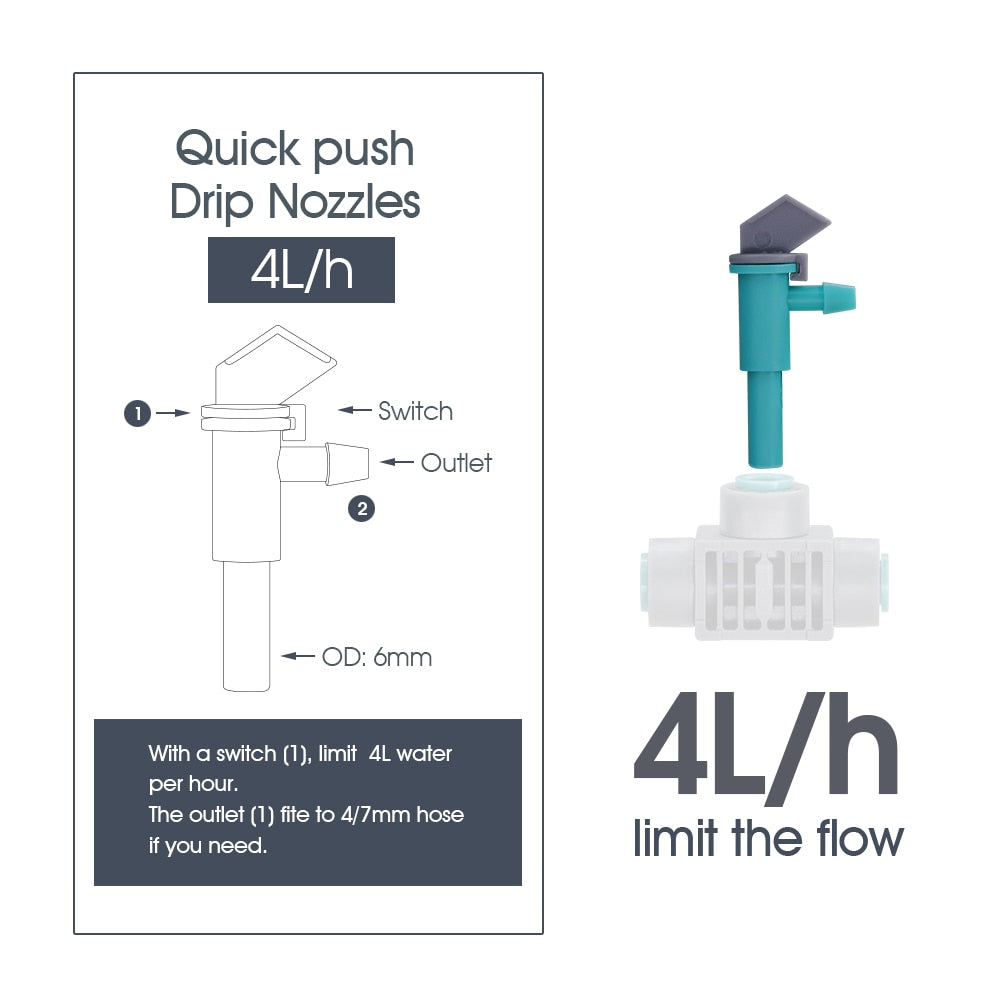 20PCS Quick Push 4L/h Drippers Adjustable, 1/4'' Barb x OD-6.0mm