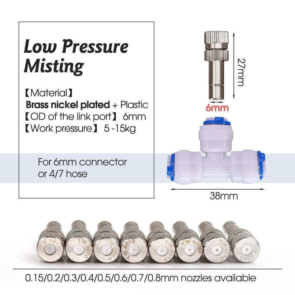 5PCS 6mm Low Pressure Misting Nozzle with Quick Push Tee for Cooling System (NO Built-in Filter)