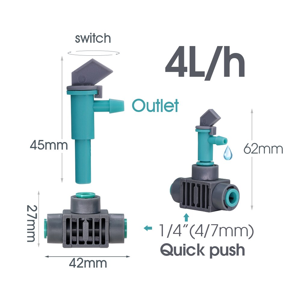 Adjustable 4L/h Drippers with Quick Push Tee Connecter, 4/7MM (1/4'')