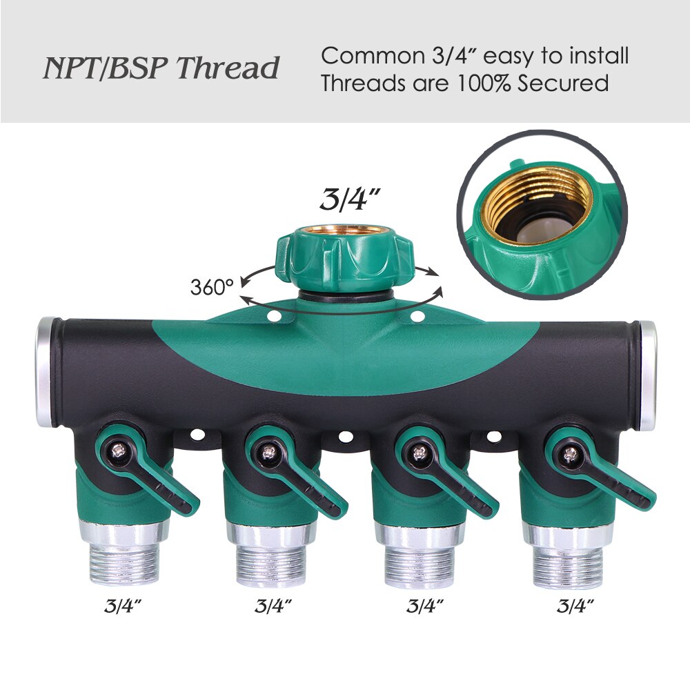 Heavy Duty Metal 4 Way Garden Hose Splitter, 3/4''
