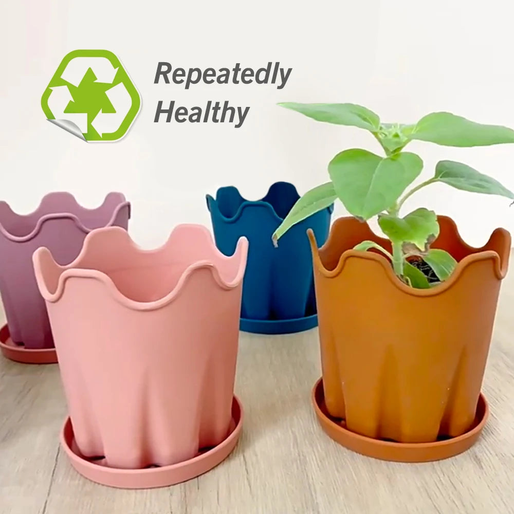 Minimalist Silicone Flower Pots with Tray, Pack of 5