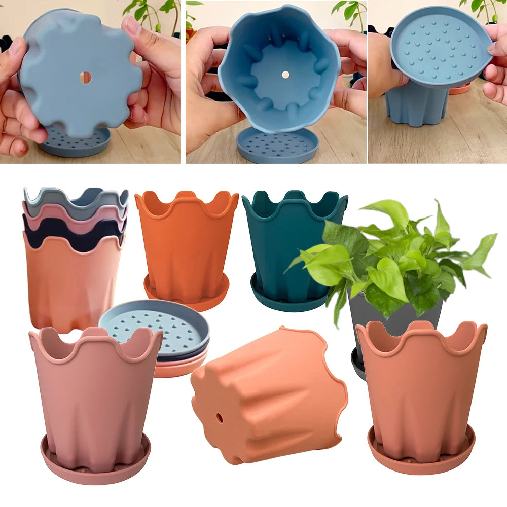 Minimalist Silicone Flower Pots with Tray, Pack of 5
