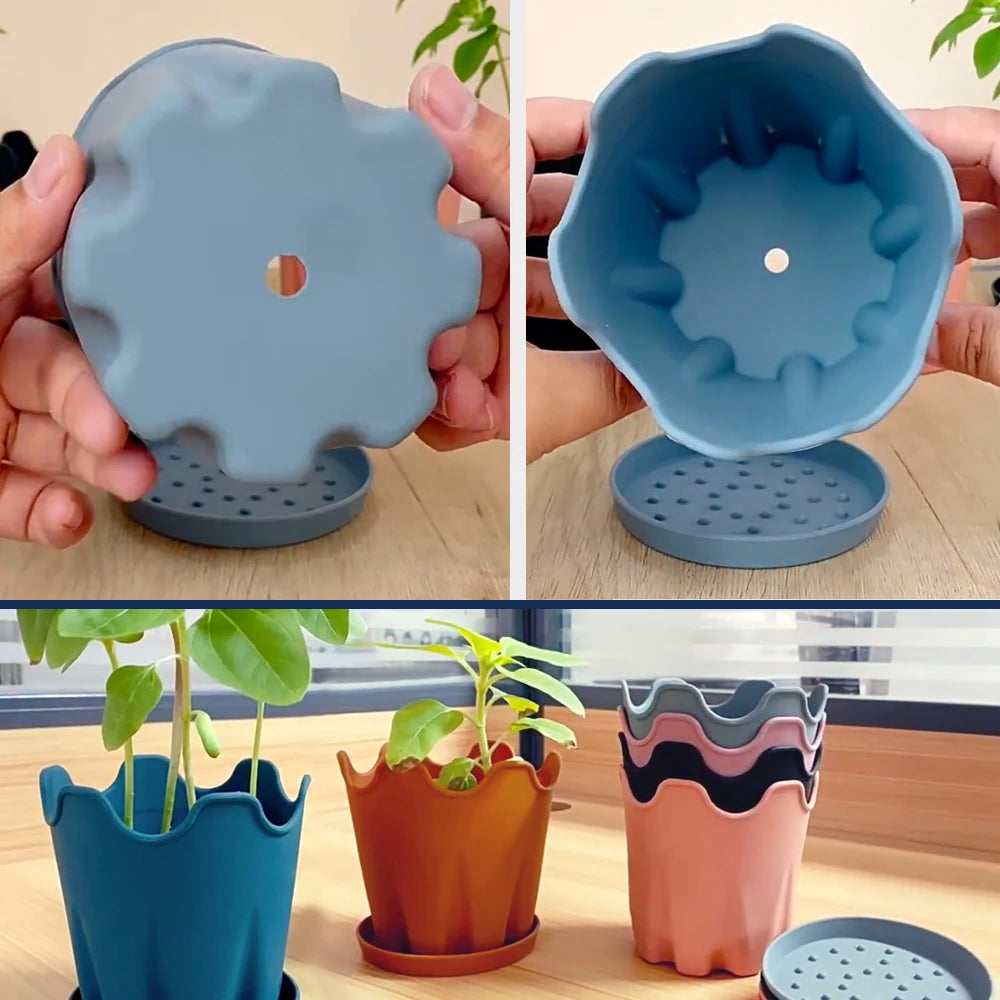 Minimalist Silicone Flower Pots with Tray, Pack of 5