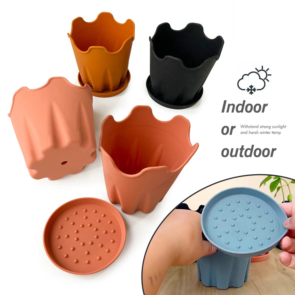 Minimalist Silicone Flower Pots with Tray, Pack of 5