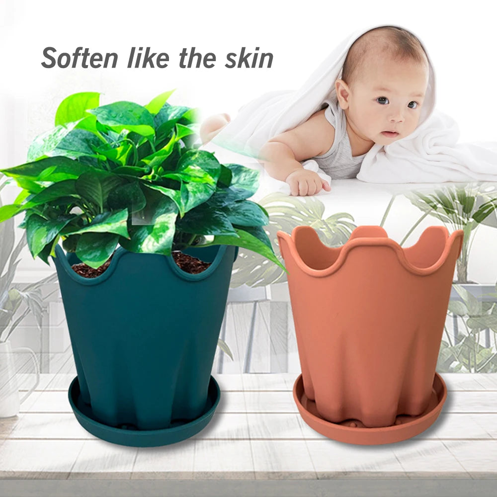 Minimalist Silicone Flower Pots with Tray, Pack of 5