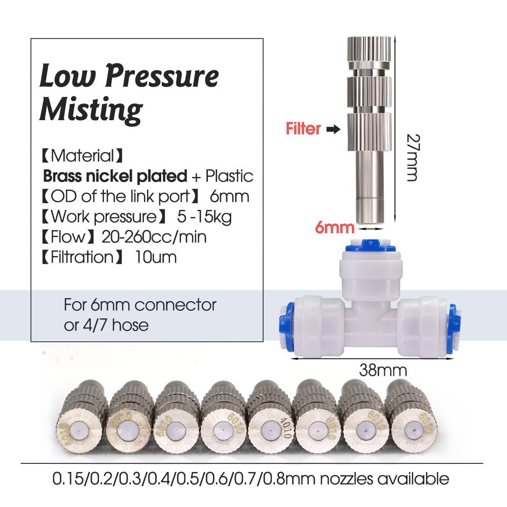 10PCS 6mm Low Pressure Misting Nozzle with Built-in Filter for Cooling System