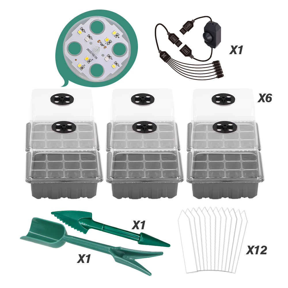 1-to-6 Seedling Starter Trays Box with 8 Beads LED Grow Lights Dimmable Brightness, Set of 1