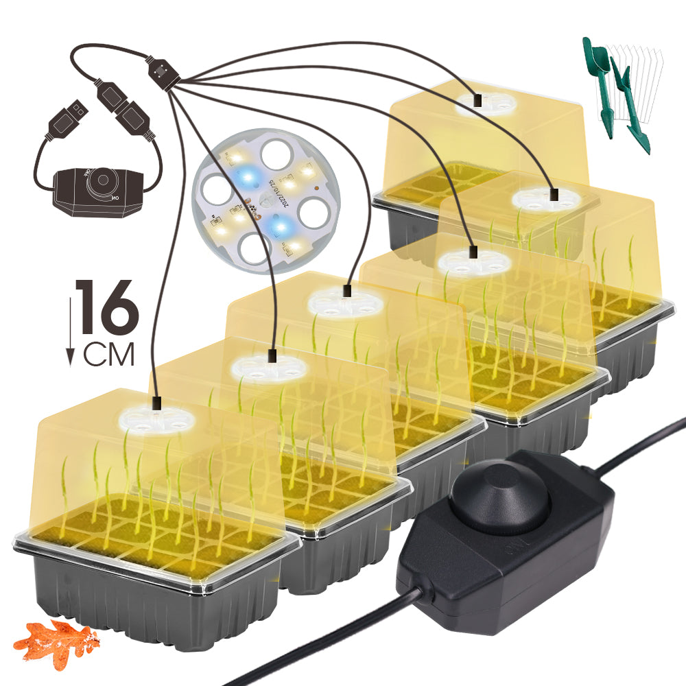 1-to-6 Seedling Starter Trays Box with 8 Beads LED Grow Lights Dimmable Brightness, Set of 1