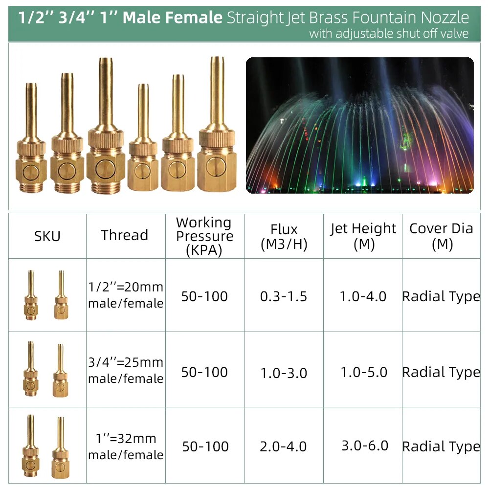 Brass Curtain Fountain Nozzle with Valve, Water Outlet Direction Adjustable Decoration Jet Sprinkler