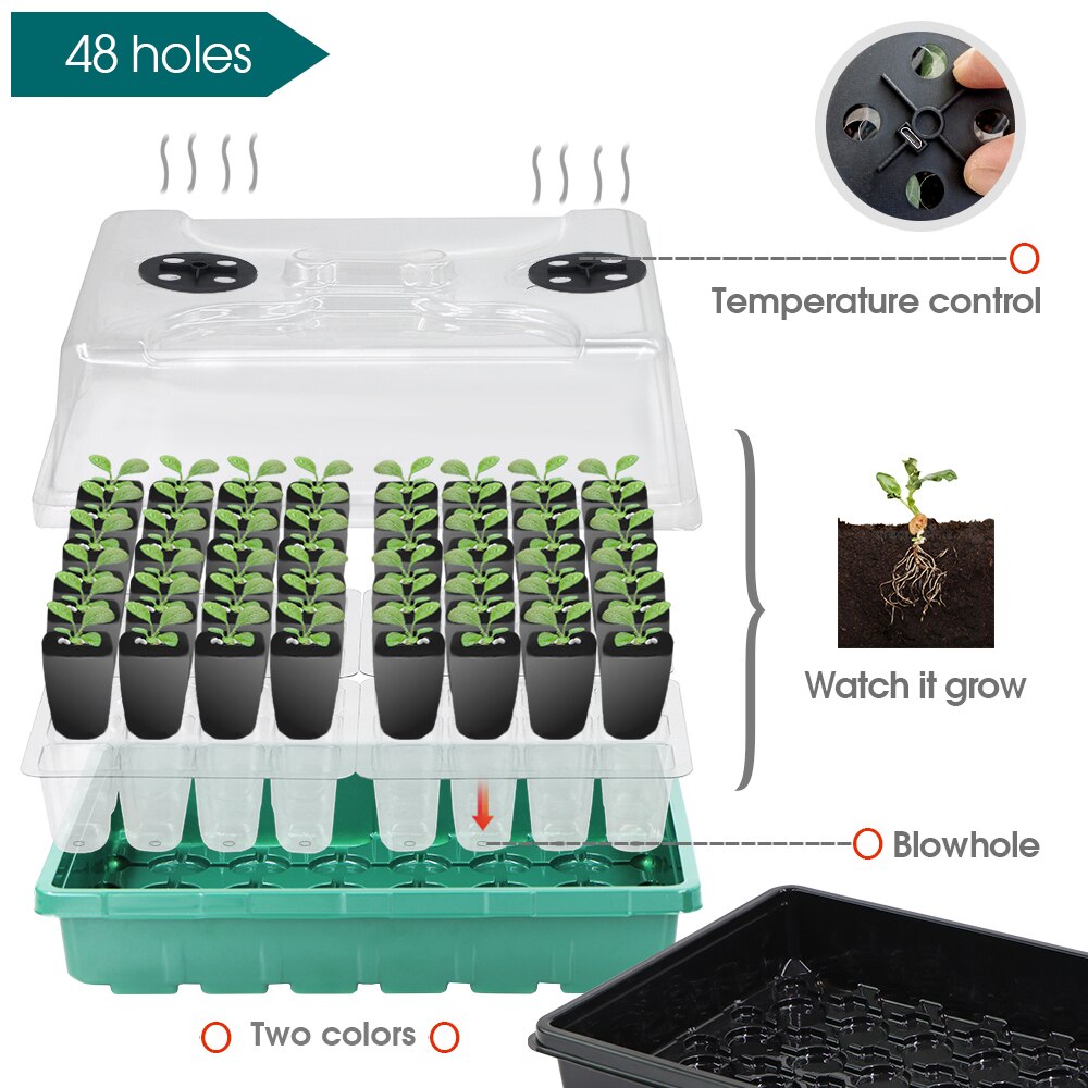 48-Cell Seedling Starter Tray with LED Grow Lights, Red-Blue-Warm 3-Light, Box 16cm Height