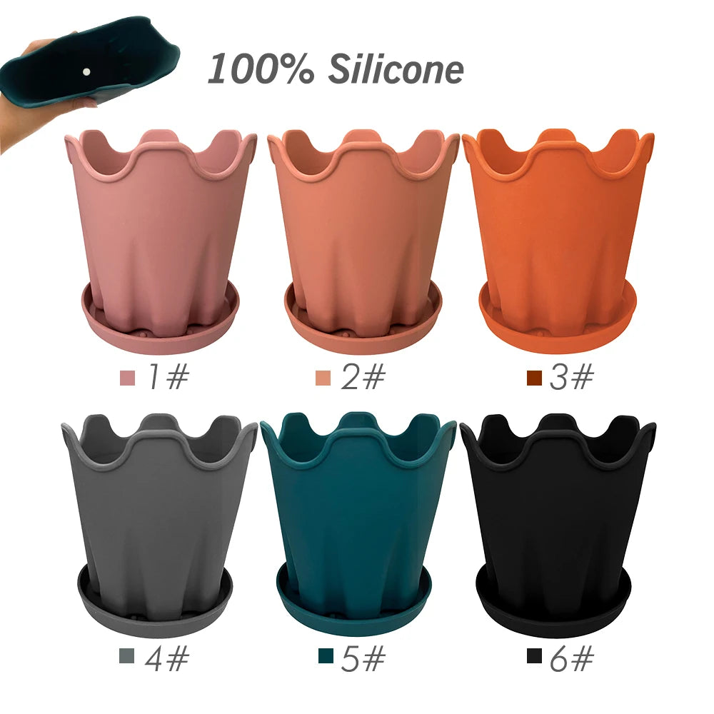 Minimalist Silicone Flower Pots with Tray, Pack of 5