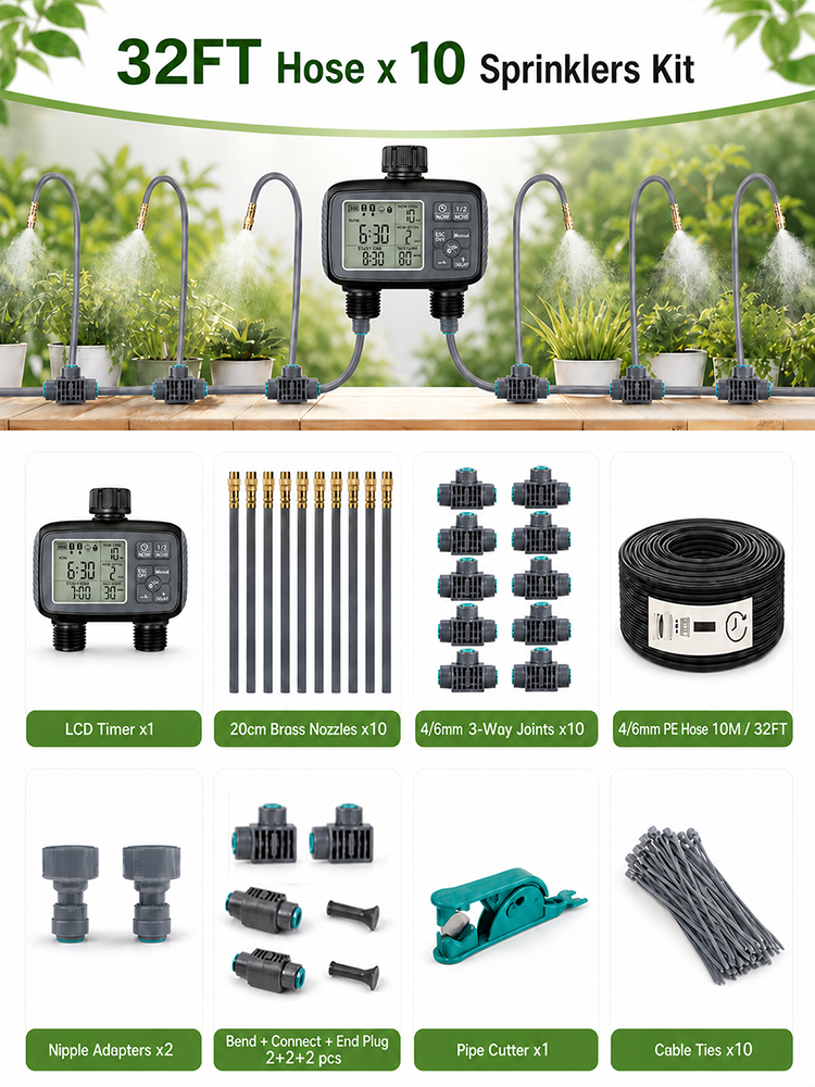 2-Zone Misting Irrigation Kit with LCD Water Timer