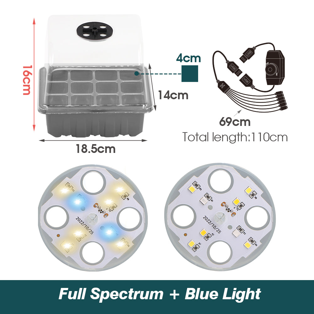 1-to-6 Seedling Starter Trays Box with 8 Beads LED Grow Lights Dimmable Brightness, Set of 1